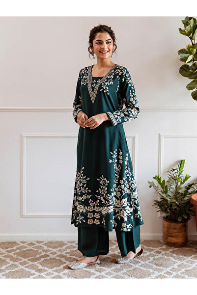 Ishin By Styli Green 100% Cotton Printed A-Line Kurta Set