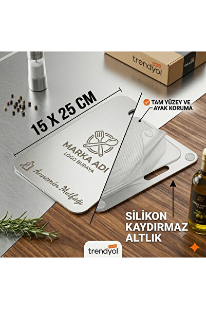 İSİM VE LOGO BASKISI ÜCRETSİZ _ (15X25CM)PASLANMAZ ÇELİK KESME TAHTASI_ SİLİKON KAYDIRMAZ ALTLIK