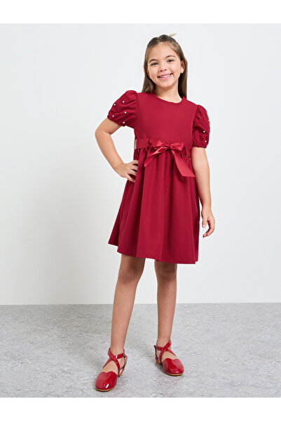 Styli Girls Puff Sleeve Dress with Bow-Tie Waist