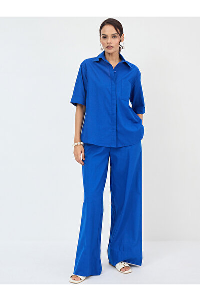 Femmella By Styli Women Blue Cotton Shirt and Trousers Co-ords