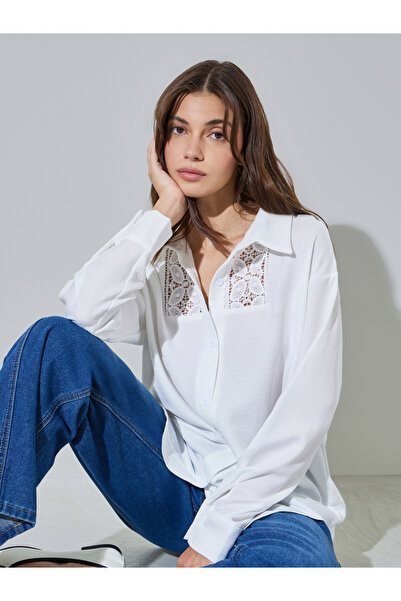 Styli White Lace Trim Oversized Casual Shirt