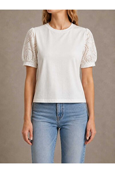 Benedetto New Season Modal Cotton Brode Lace Detailed Crew Neck Balloon Sleev...