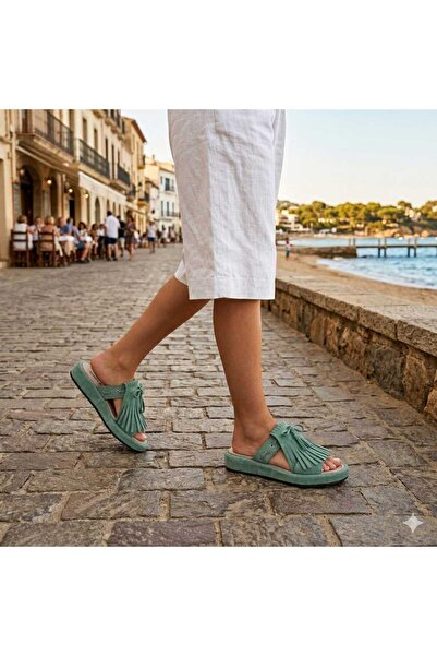 Oneka Shoes شبشب نسائي يومي مزين بشراشيب باللون الأخضر المائي من جلد الغزال 2...