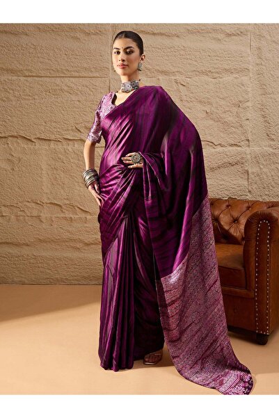 PRASHA Women's Crepe Purple Printed Designer Saree With Blouse Piece