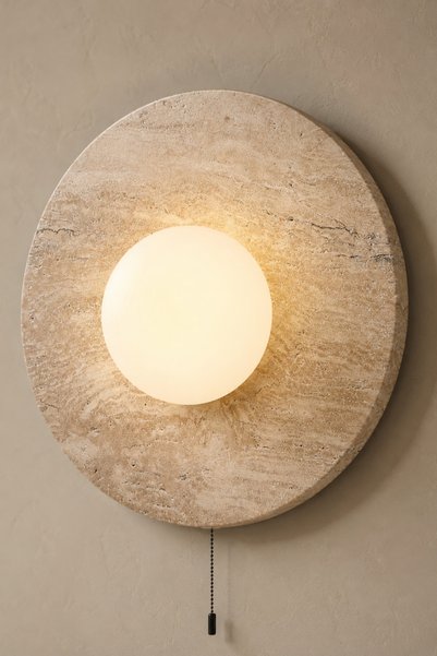 Baz Aydınlatma Tor Nun B Travertine Marble Opal Glass Globe Wall Sconce G9 Bulb Included Modern Lamp with Chain Switch