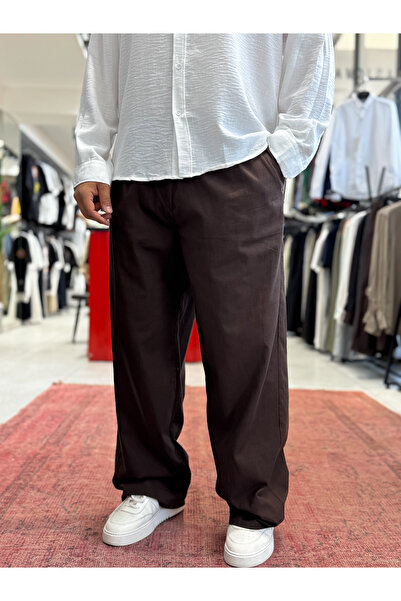 BYBASICMAN Smeđe platnene široke pantalone GJ-17237