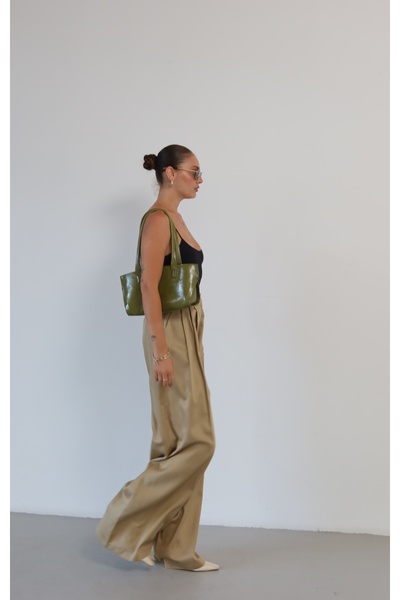 Myra Fashion Saten Geniş Paça Pantolon Yüksek Bel Pileli Klasik Şık Trend Pan...