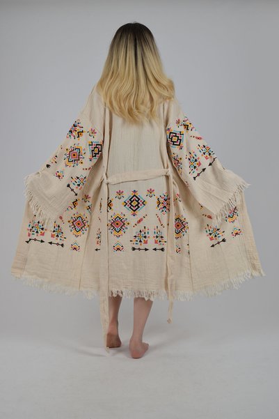 REİNA TEKS Kimono Kaftan Cotton Kilim Pattern Printed Belted 1 Piece Unisex Muslin Fabric Peshtemal Bathrobe