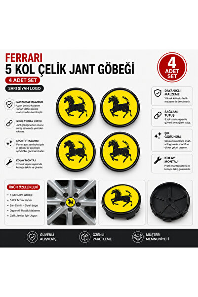 OTOYOL Ferrari Uyumlu 5 Kollu Jant Göbek Kapağı Sarı Siyah Logo ABS Plastik 4...
