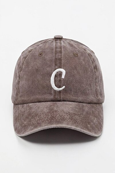 ŞapkaMania Letter C Brown Embroidered Washable Vintage Unisex Hat