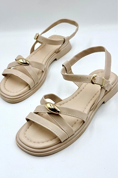 DefHeel'e Gold Buckle Detailed Daily Comfortable Women's Sandals Beige
