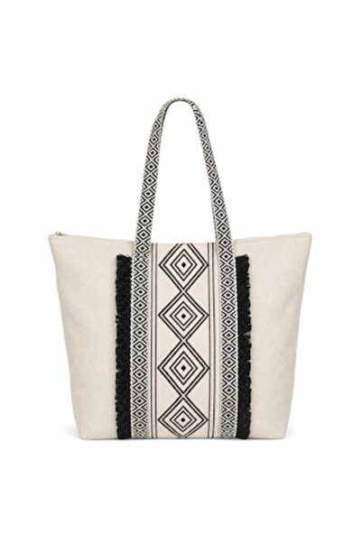 SHOPIENS Geantă de plajă textilă ecru cu franjuri negri, model geometric azte...
