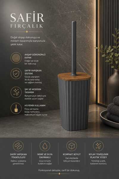 Store Hgy Home Safir Ahşap Detaylı Kendinden Yapışkanlı Wc Fırçalık - Antrasit