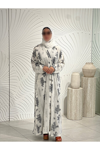 elegant veil "Tulip" Patterned Abaya in White and Gray Colors