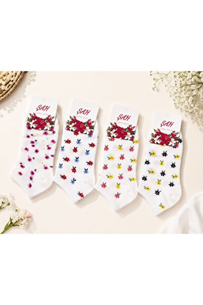 Şah Socks جوارب نسائية قطنية مزخرفة بالزهور، طقم من 4 قطع، موديل دايموند 11