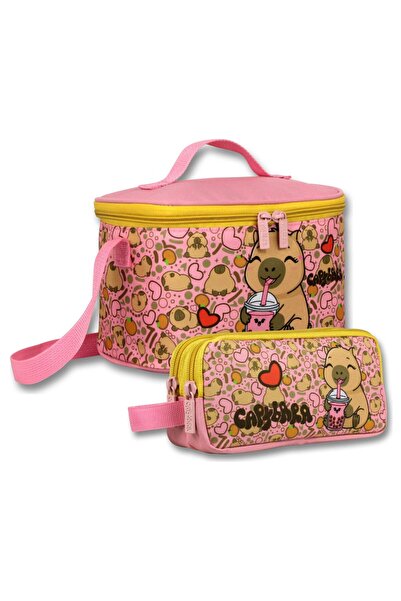 capybara Insulated Lunch Box and Pen Holder Set (Pink - Yellow) Girls' Happy ...