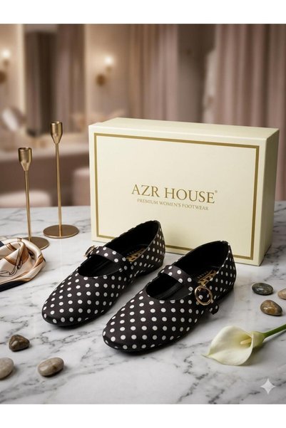 AZR حذاء باليه نسائي مريح للاستخدام اليومي مزين بطبعة البولكا دوت ومشبك