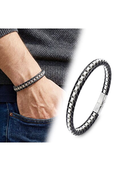 OGHAMAY White Steel Chain Braided and Leather Men's Bracelet 18394B24D1