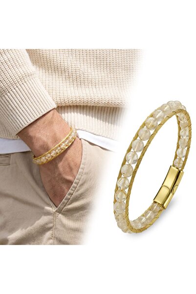 OGHAMAY Titanium Locked Citrine Natural Stone and 316L Steel Rope Braided Men...