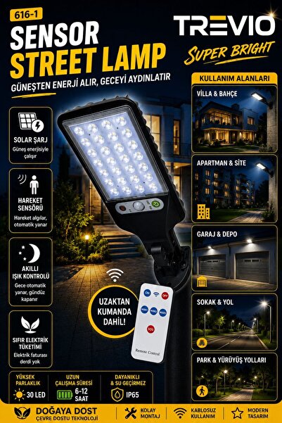 TREVIO 616-1 Solar Sensörlü LED Sokak Lambası | Uzaktan Kumandalı, IP65 Su Ge...