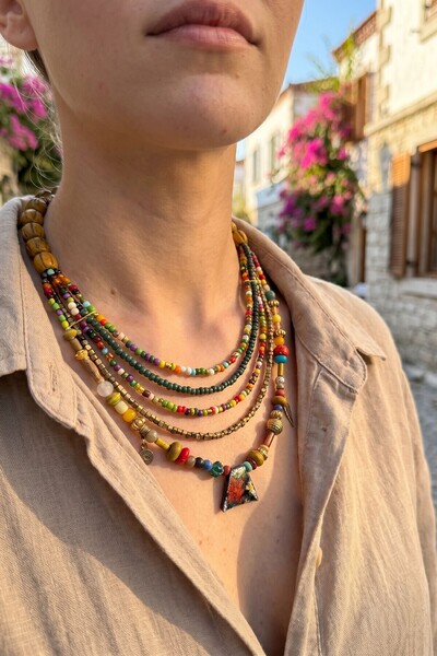 bacc Multicolored 4-Row Beads and Natural Stones Handmade Ethnic Bohemian Nec...