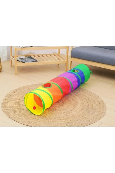 Ufak Tefek Şeyler Rainbow Cat Play Tunnel 120 cm Fun Foldable Interactive Cat Toy with Multiple Holes
