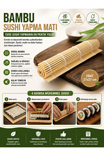 Ufak Tefek Şeyler Organik Bambu Suşi Yapma Matı 27x27 cm Doğal Sushi Sarma Ha...