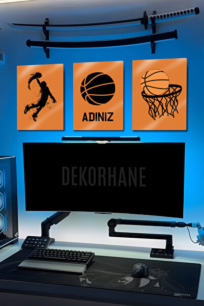 DekorHane Metal Baskı – Kişiye Özel İsimli Basketbol Tablo Seti, Turuncu Siya...