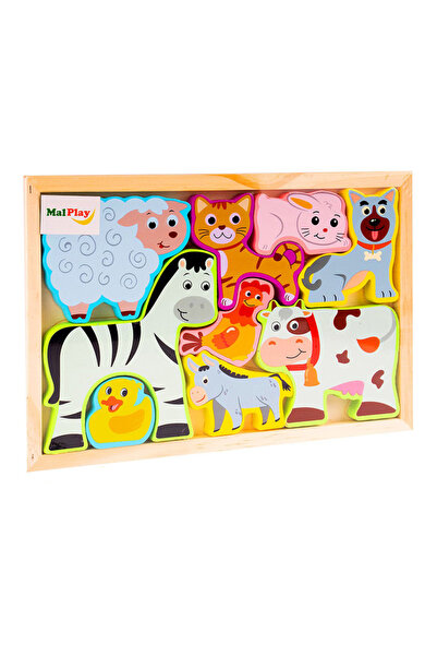 MalPlay Jucărie în stil Montessori - Animale din lemn într-o cutie