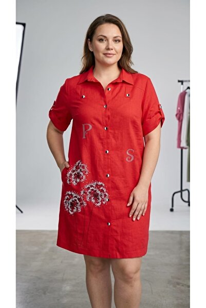 MAXLEVEL MODA Red Stone and Print Detail Plus Size Women's Dress
