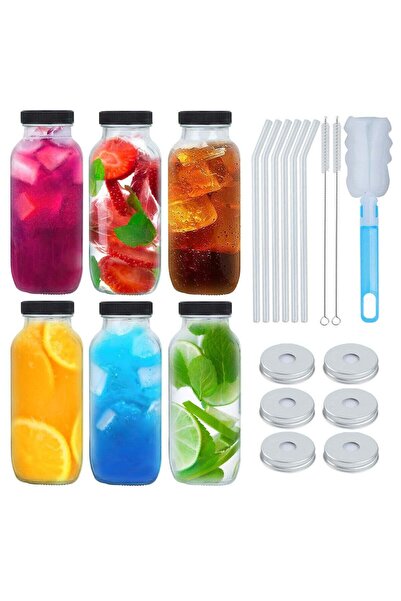 SKYLINK 6Pack 16oz Glass Juice Bottles with Lids – Reusable Drinking Containe...