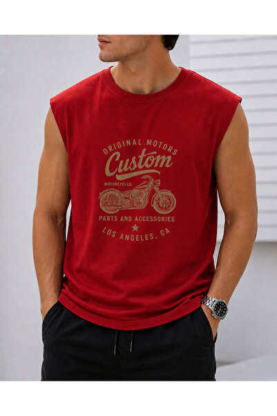 caddekombin Men's Motorcycle Printed Zero Sleeve Round Neck White T-Shirt / T...