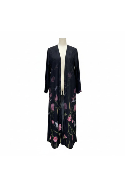 Generic S D N L I N E Women's Black Floral Open-Front Long Abaya