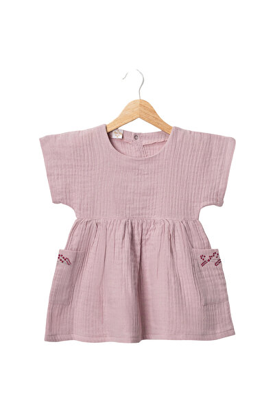 LENDASHOP Girl's Pink Short-Sleeved Skirted Muslin Dress, Cotton Fabric, Ages...