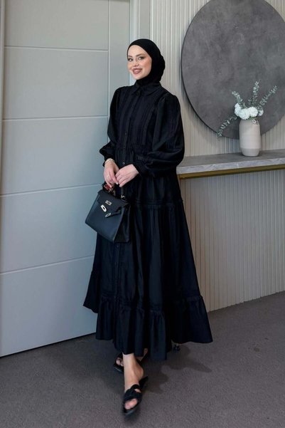 Şule Giyim Belinda Guipure Detailed Dress Black