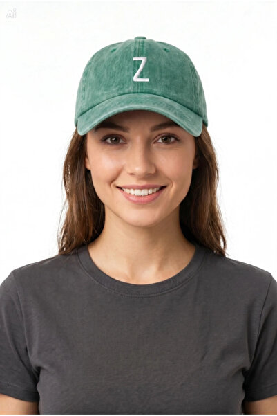 ŞapkaMania Light Green Embroidered Washable Vintage Unisex Hat with Letter Z