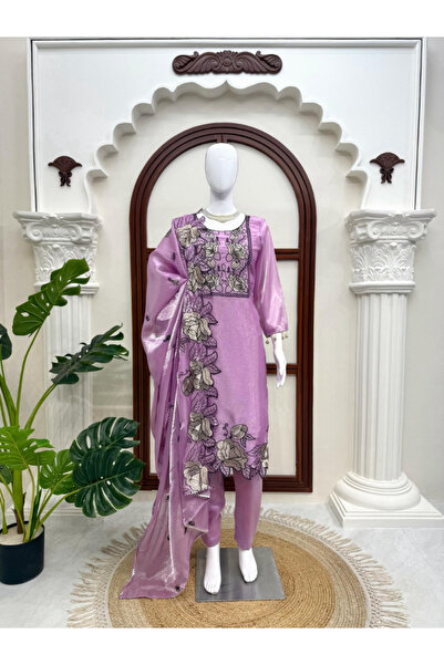 MYSMAR Purple JMC Silk Embroidered Suit Set - HRT8687 | Purple