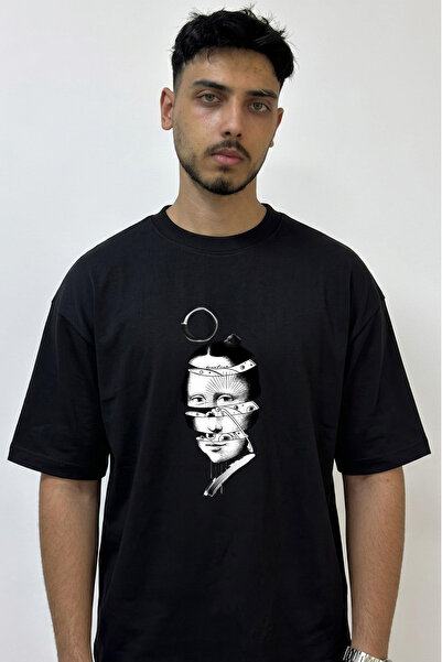 Anetos Mona Lisa Design Printed Oversize Black T-Shirt