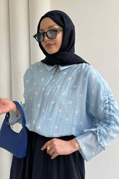 Modaensarbutik Puantiyeli Kısa Crop Bomber Ceket-BEBE MAVİ