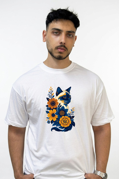 Anetos Floral Cat Design Printed Oversize White T-Shirt
