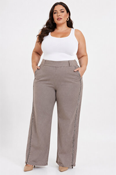 ZANESSİ FASHION Plus Size Cotton Elastic High Waist Stoned Wide Leg Women's T...