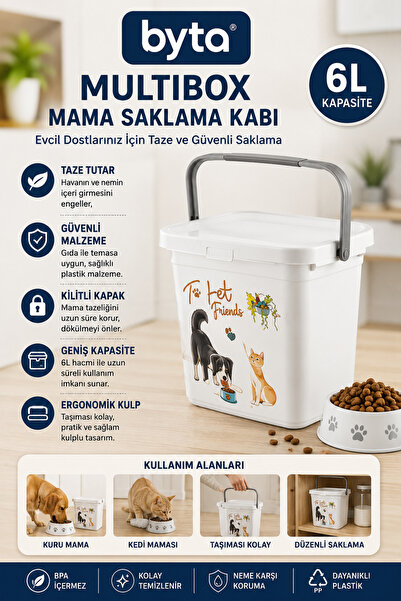BYTA 6 Litre Kulplu Mama Saklama Kabı Kapaklı Kedi Köpek Kuru Mama Saklama Ku...
