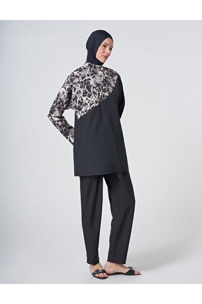 Kayra Marble Pattern Hijab Swimsuit Black