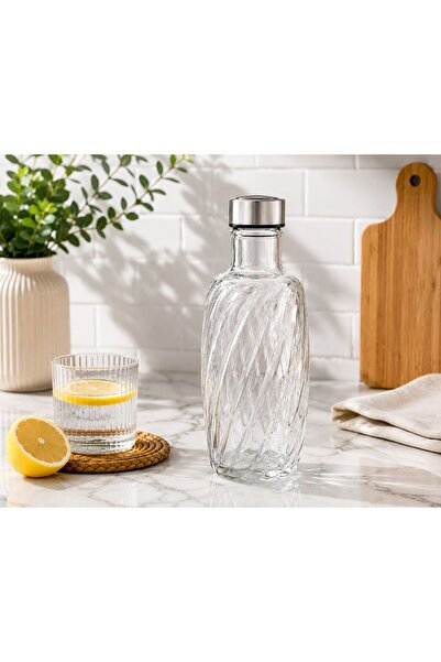 CİHO Cam Sürahi Şişe 1000 ml 1 Litre Dalgalı Desenli Çevirmeli Kapaklı Sürahi...