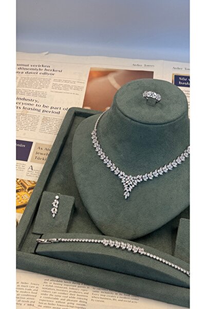 aviola jewelry Zirkon Taşlı Gelin Takı Seti (Kolye, Küpe, Bileklik ve Yüzük)