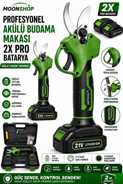 MOONSHOP Profesyonel Akülü Budama Makası 21V 2 Pro Bataryalı Şarjlı Dal Kesme...
