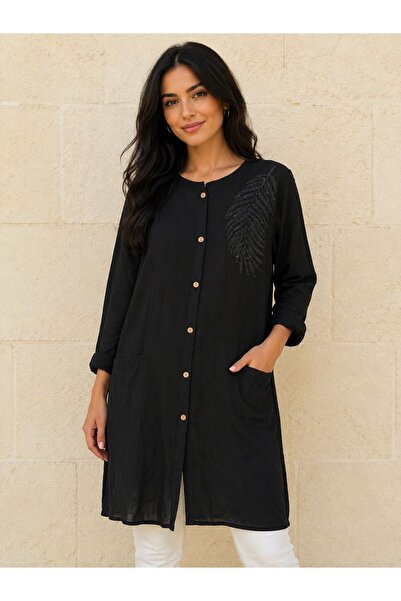 AGORATEKSTİL Women's Washed Cotton Fabric Long Sleeve Mother's Stone Tunic 40/48