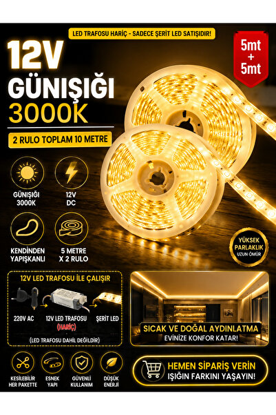 ECONA 10 Metre Günışığı Şerit LED 3000K 12V Kendinden Yapışkanlı (5+5 Mt 2 Ru...