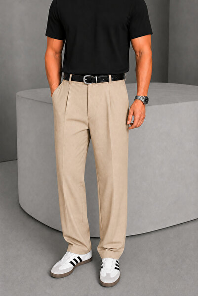 Montivo Men's Beige Pleated Detail Timeless Design Premium Fabric Trousers