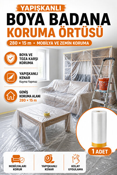 Hane Dostu Boya Badana Eşya Koruma Yapışkanlı Hışır Örtü 280 x 15 m Mobilya Z...